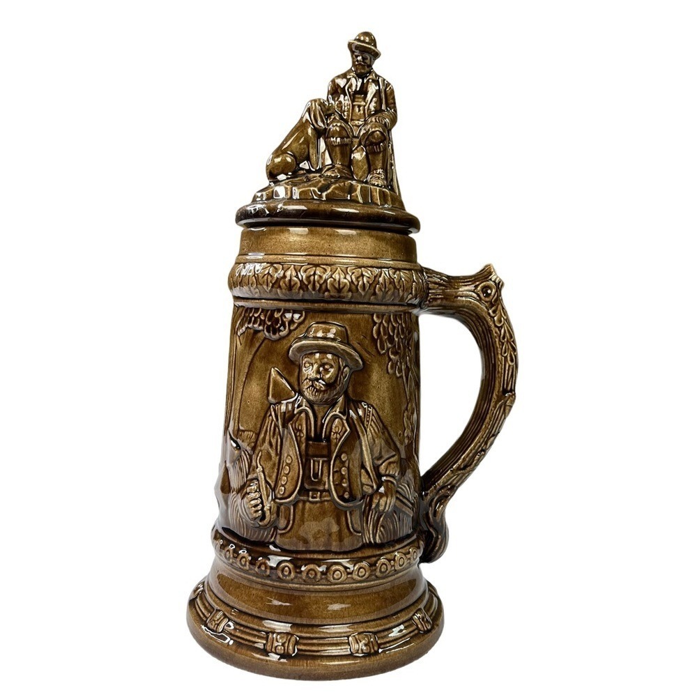 Vintage German Ceramic Beer Stein Mug with Man & Dog Lid and Forest & Deer Scene